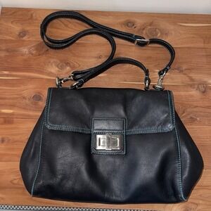 MyWalit Medium Navy Satchel Tote Bag Leather Crossbody Strap Handle Classic*